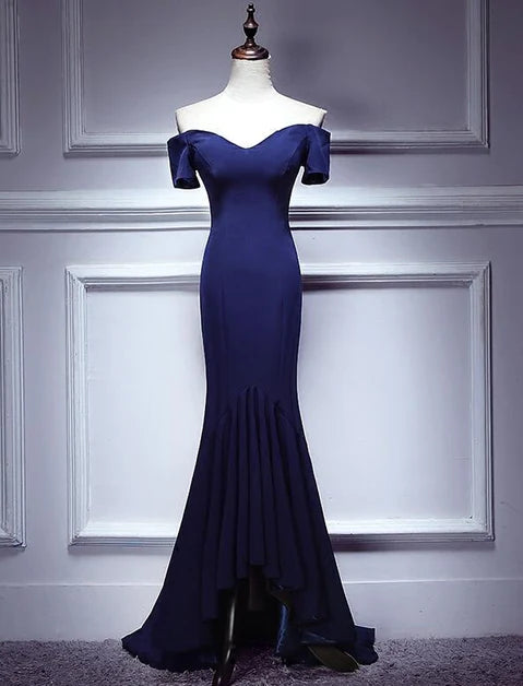 Navy Blue Mermaid Sweetheart strapless backless long evening dress, blue sleeveless and floor length evening dress