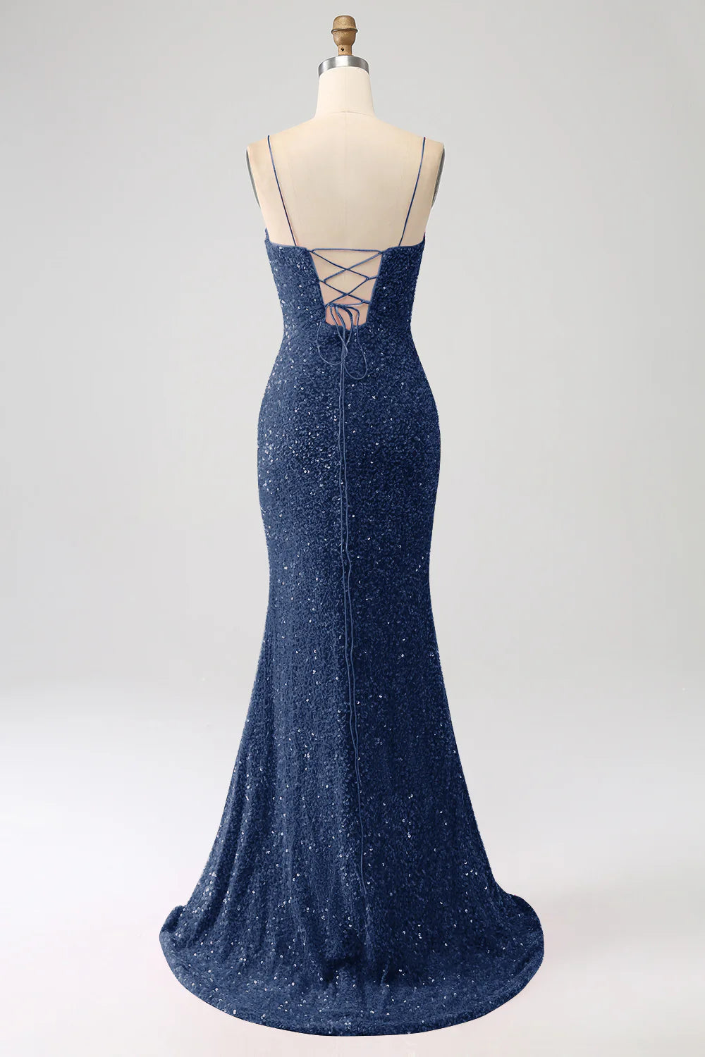 Navy blue fishtail thin shoulder strap with sequin slit prom dress