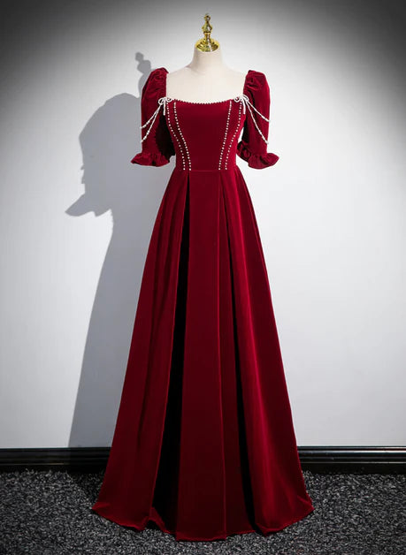 Elegant wine red velvet long ball dress, wine red A-line collar short sleeved backless and floor length evening dress