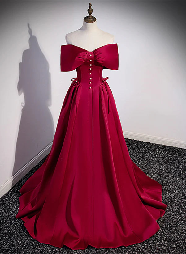 Beautiful/gorgeous wine red satin sweetheart long evening dress, wine red satin short sleeved backless pearl long evening dress