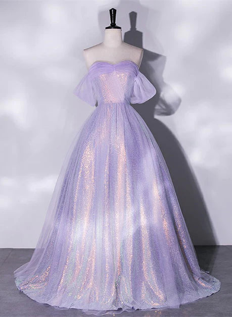 A charming sequin lavender A-line sheer strapless dance dress, lavender princess off the shoulder sleeveless sheer evening dress