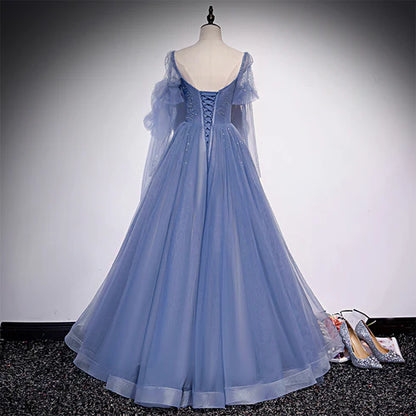 Beautiful blue sheer beaded long party dress, A-shaped long sleeved backless and floor length evening dress