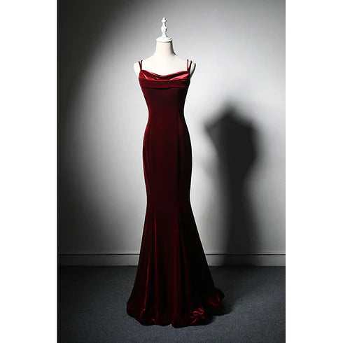 Beautiful wine red velvet mermaid wedding party dress, wine red bow shoulder strap backless and floor length evening dress