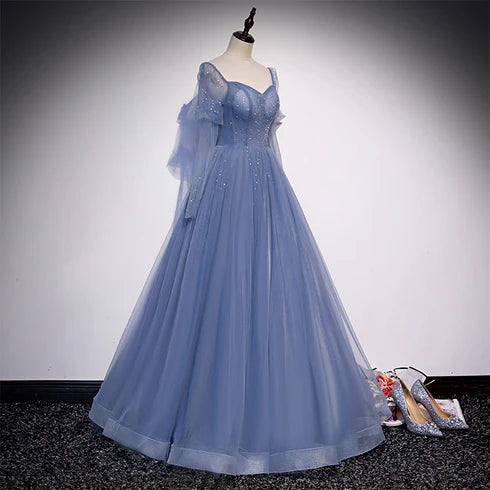 Beautiful blue sheer beaded long party dress, A-shaped long sleeved backless and floor length evening dress