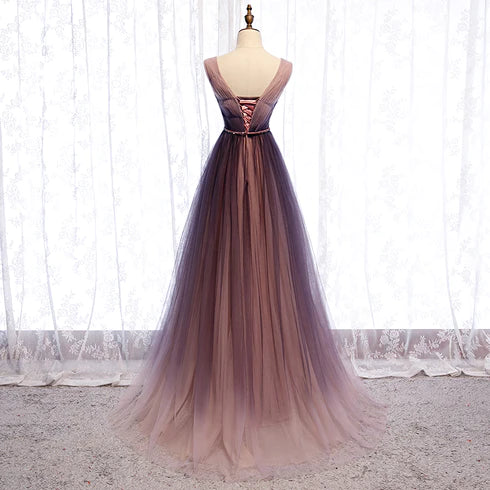 Unique/beautiful purple gradient V-neck sheer long ball dress, purple gradient sleeveless backless long evening dress