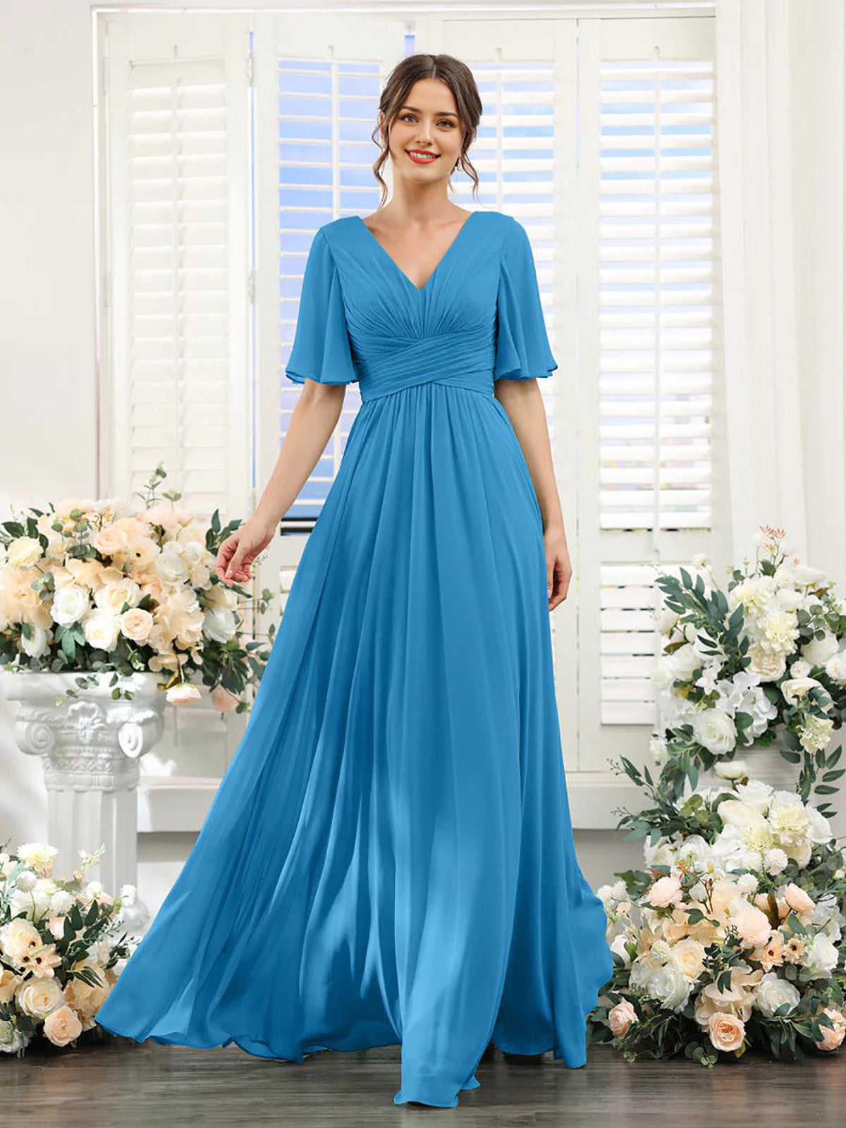 A-shaped V-shaped leader bridesmaid dress, suitable for wedding guests, long chiffon formal slit party dress