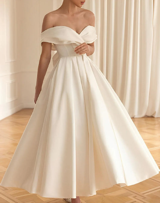 A-line/Princess Off Shoulder and Ankle Wedding Dress