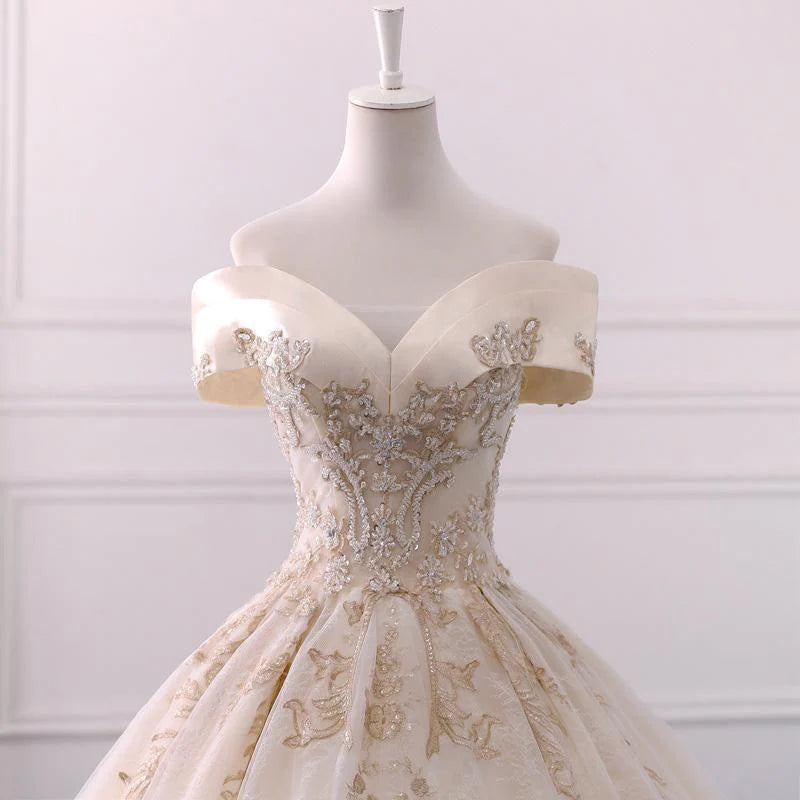 Off the Shoulder Ball Gown Sweetheart Wedding Dress Long Appliques Bri