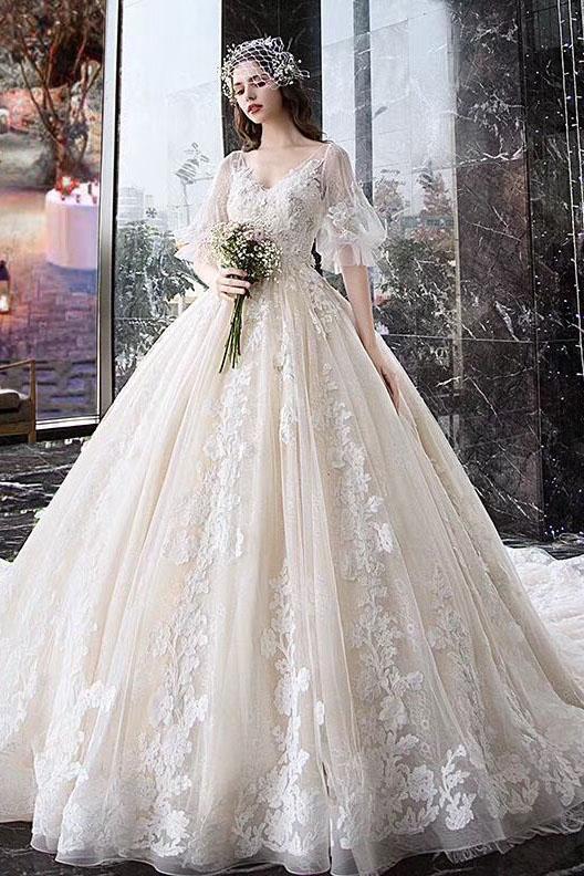 Princess Half Sleeve Ball Gown Wedding Dresses Appliques V Neck Bridal ...