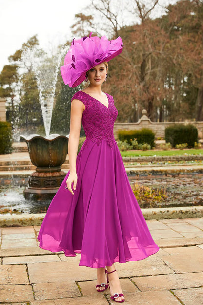 Sexy V-neck Lace Applique Cap Sleeves Elegant mother of the bride dress