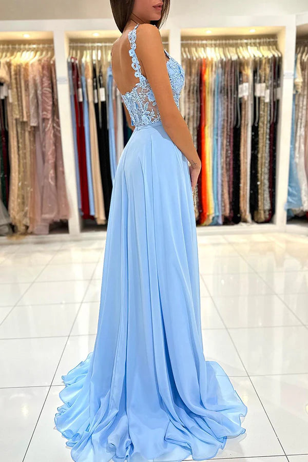 A-line double shoulder lace long Prom dress