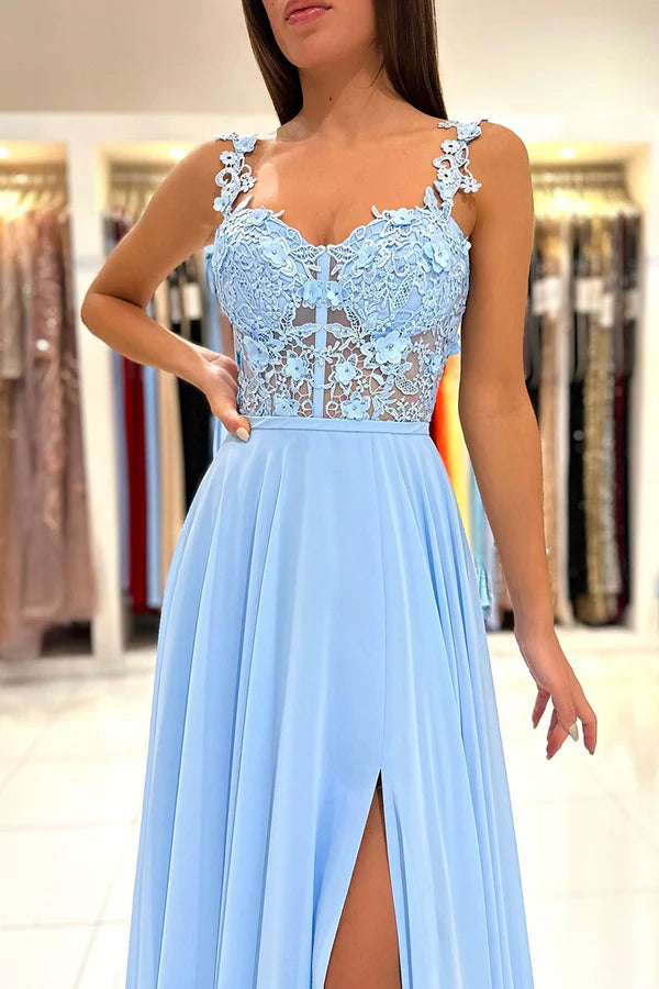 A-line double shoulder lace long Prom dress