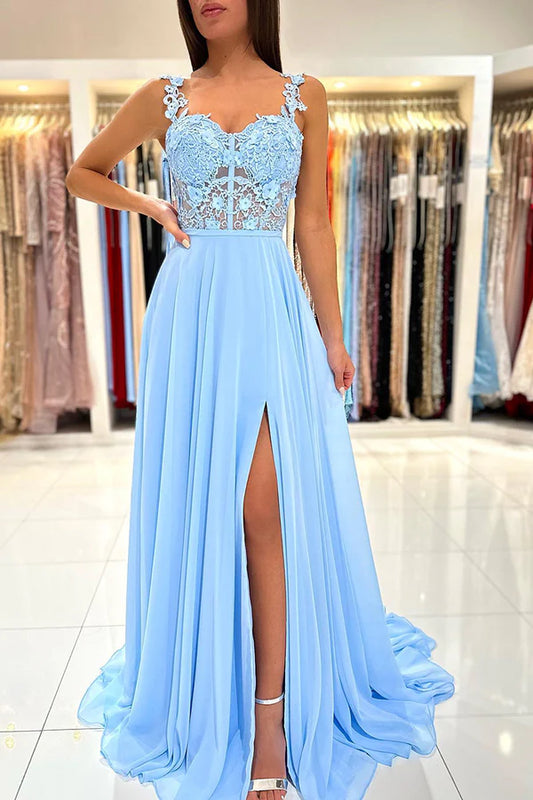 A-line double shoulder lace long Prom dress