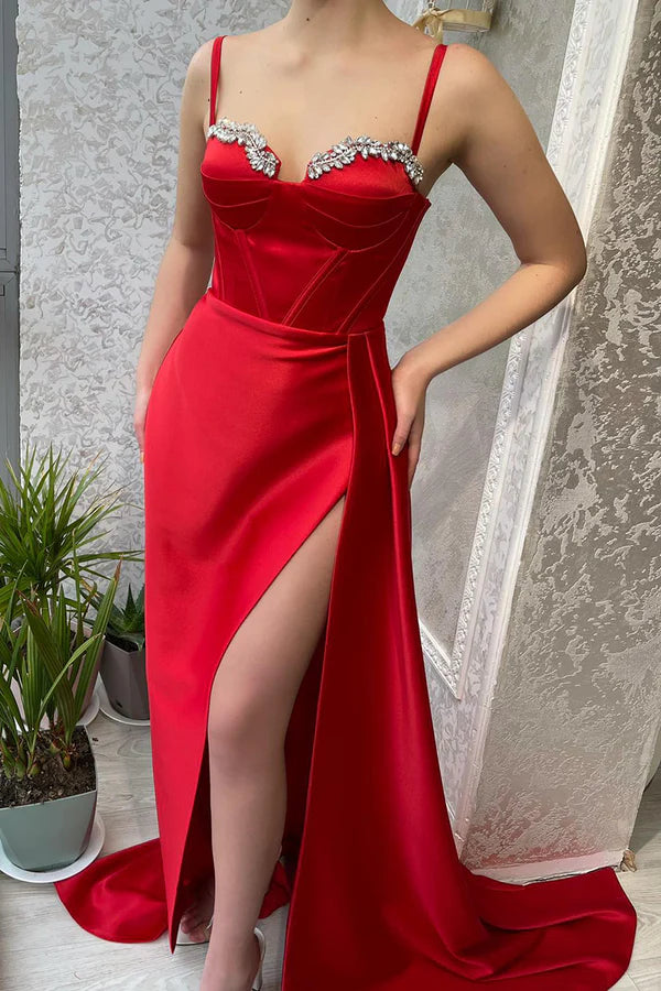 Thin Strap Sweetheart Bead Red Long Prom Dress