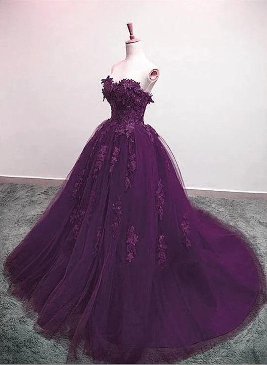 Charming Ball Gown Purple Tulle Sweetheart Lace Applique Formal Dress, Purple Sweet Dresses