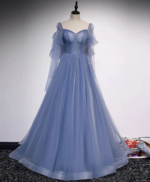 Beautiful blue sheer beaded long party dress, A-shaped long sleeved backless and floor length evening dress