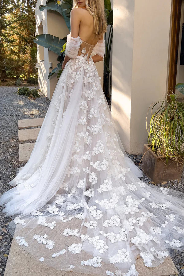 A Line Sweetheart Lace Applique Bohemian Wedding Dress