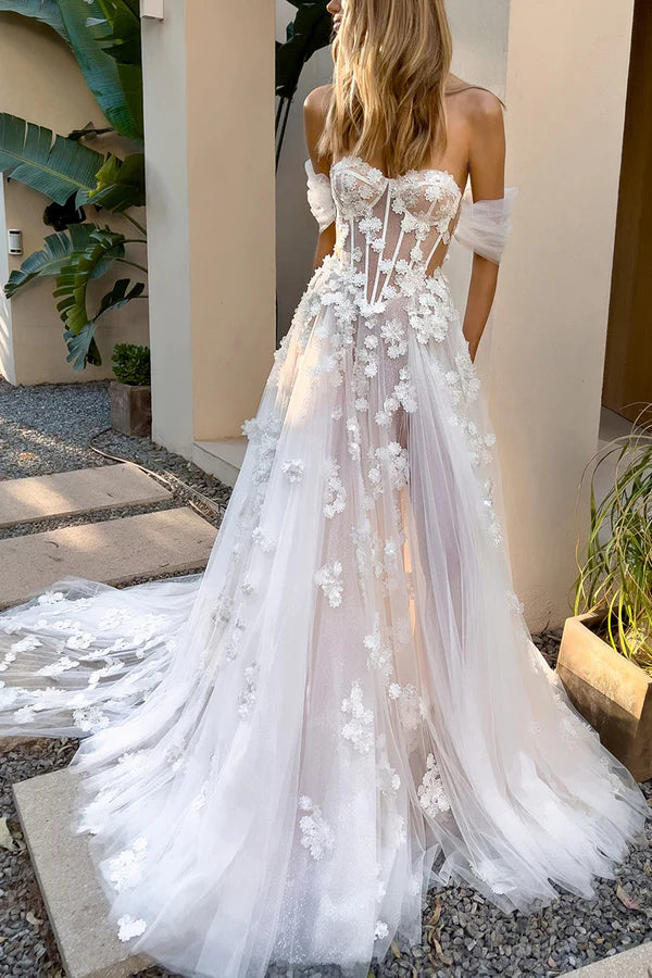 A Line Sweetheart Lace Applique Bohemian Wedding Dress