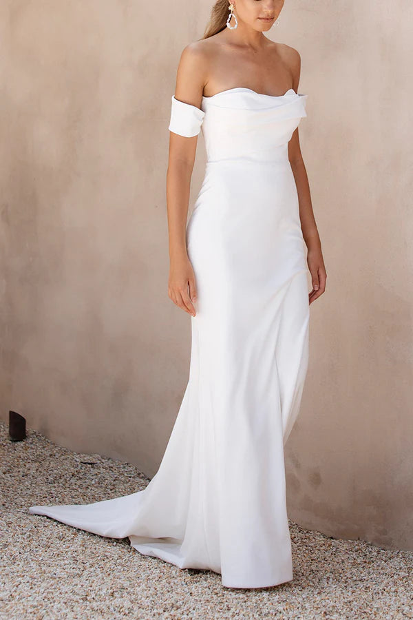 Tight strapless satin pleated minimalist Bohemian wedding dress