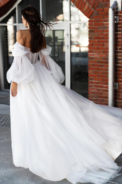 A Line Sweetheart Sticker Hall Casual Wedding Dress with Sleeves Country Style Bridal Dress