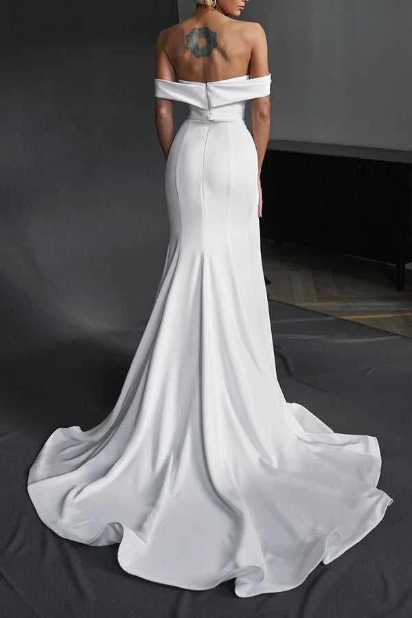 Mermaid/Horn Shoulder Strap Wedding Dress Satin Pleated Side Split Bohemian Bridal Dress