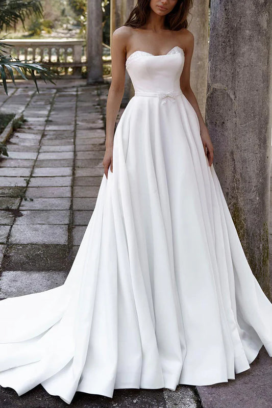 A line Sweetheart White Satin Hall Leisure Wedding Dress Country Style Bridal Dress