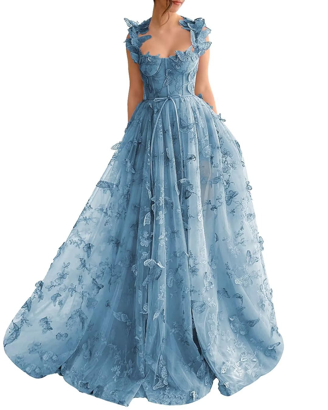 Long Tulle Prom Dress 3D Butterflies Dress Ball Gown Evening Party Wedding Guest Formal Dress Slit