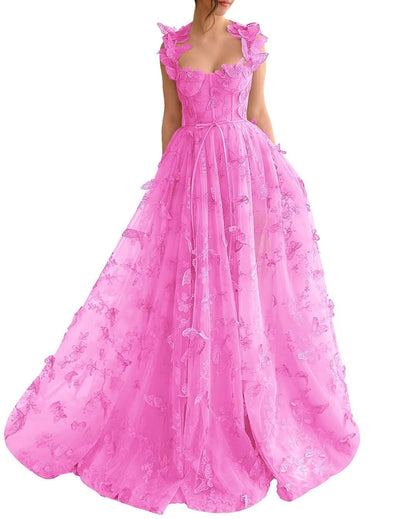 Long Tulle Prom Dress 3D Butterflies Dress Ball Gown Evening Party Wedding Guest Formal Dress Slit