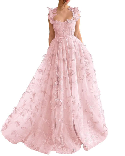 Long Tulle Prom Dress 3D Butterflies Dress Ball Gown Evening Party Wedding Guest Formal Dress Slit