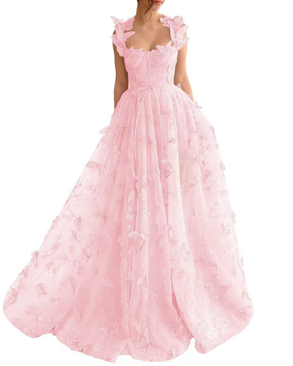 Long Tulle Prom Dress 3D Butterflies Dress Ball Gown Evening Party Wedding Guest Formal Dress Slit