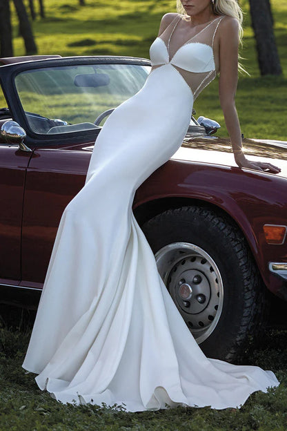 Enchanting illusion deep V-neck pearl fish tail wedding dress