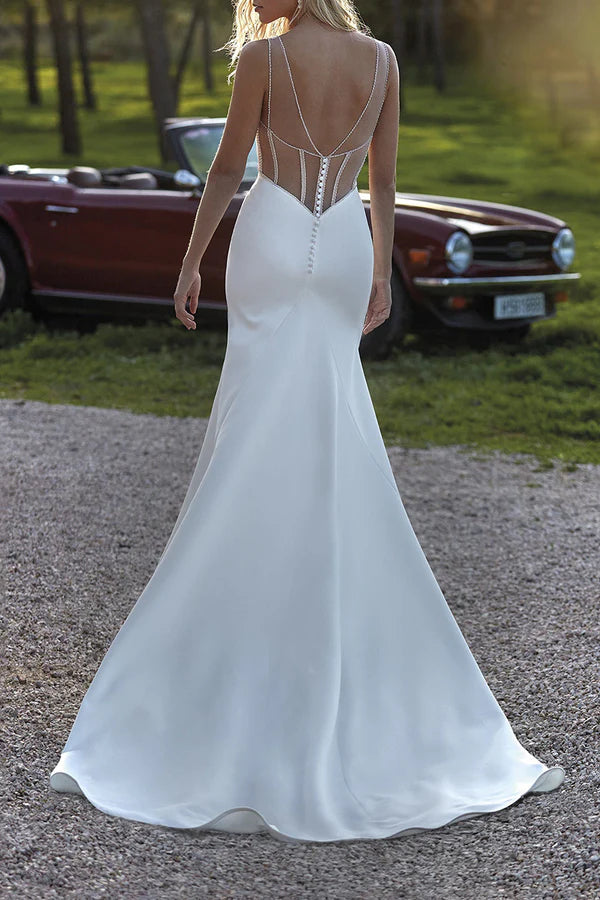 Enchanting illusion deep V-neck pearl fish tail wedding dress