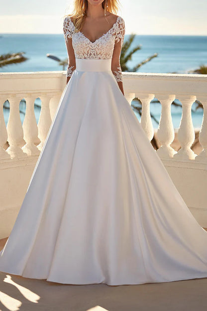 A-shaped V-neck 3/4 sleeve satin wedding dress