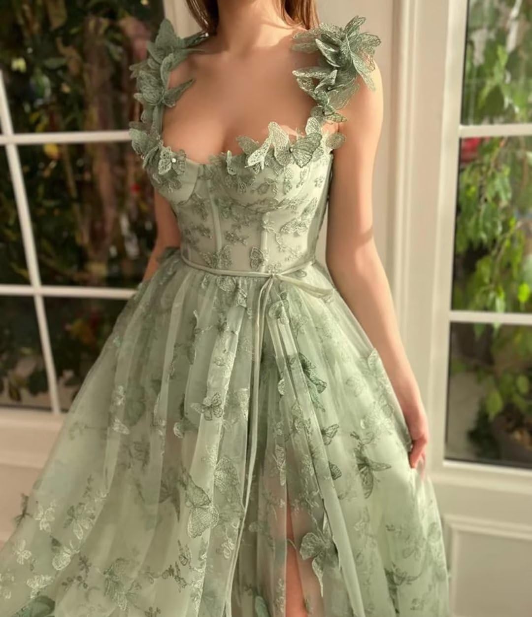 Long Tulle Prom Dress 3D Butterflies Dress Ball Gown Evening Party Wedding Guest Formal Dress Slit