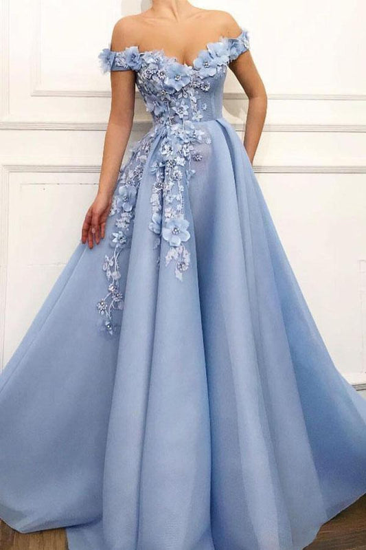 Sky Blue Off the Shoulder Flower Appliques Long Beautiful Prom Dress