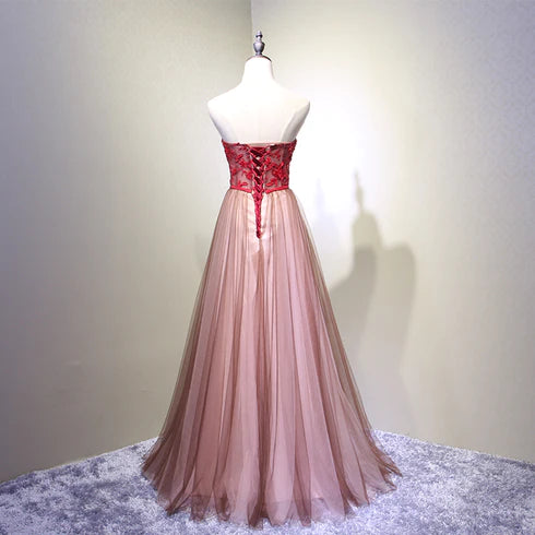 A unique/beautiful burgundy chiffon ball dress with decal crystal sequins and sleeveless evening dress