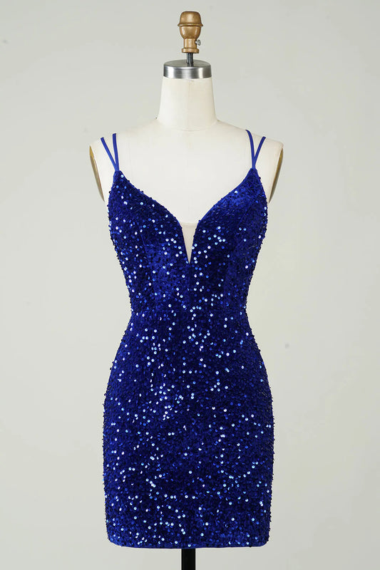 Royal blue sequin cross back short Cocktail Dresses