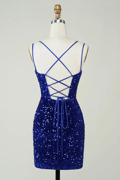 Royal blue sequin cross back short Cocktail Dresses