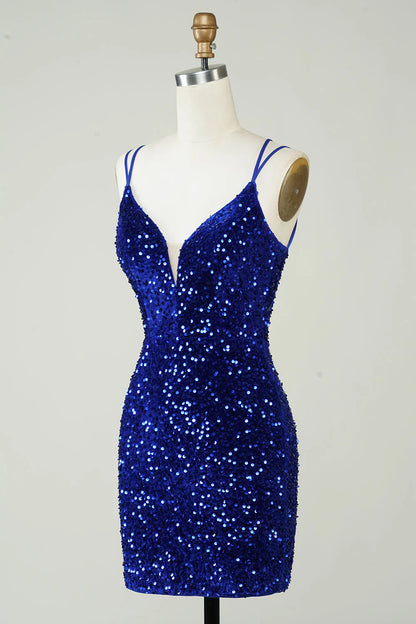 Royal blue sequin cross back short Cocktail Dresses