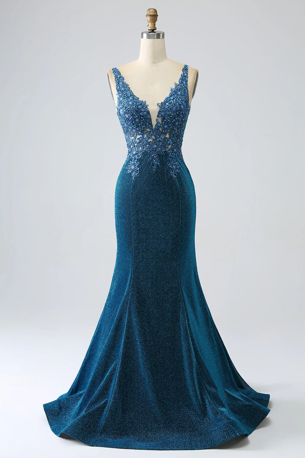 Sequin deep blue beaded fish tail prom dress