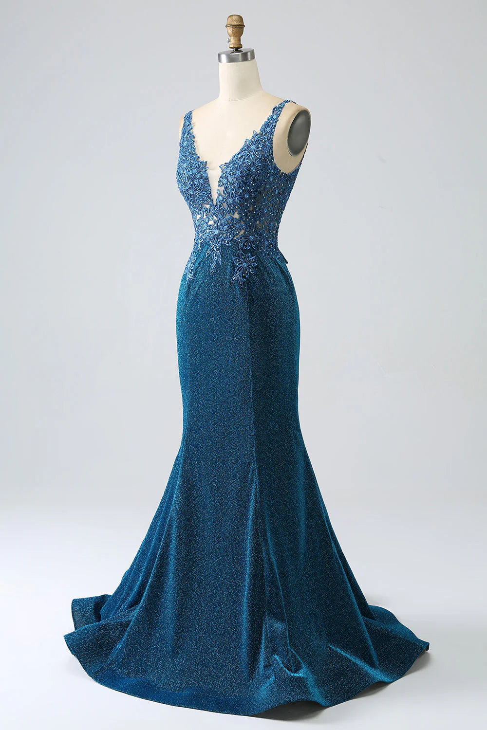 Sequin deep blue beaded fish tail prom dress