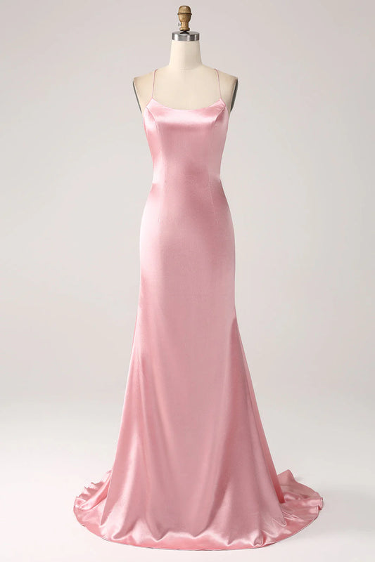 Powder blusher fishtail thin shoulder strap long prom dress