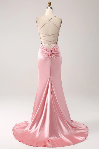 Powder blusher fishtail thin shoulder strap long prom dress