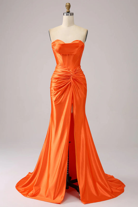 Orange Mermaid Sweetheart Tight Bra Long Sparkling Split Prom Dress