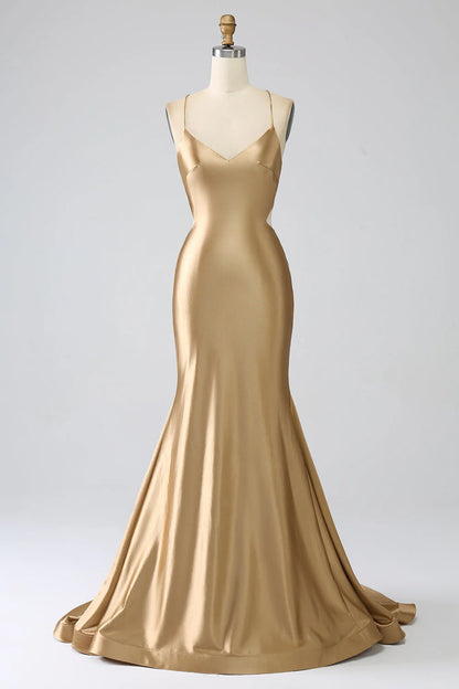 Golden mermaid thin shoulder strap satin long back strap prom dress