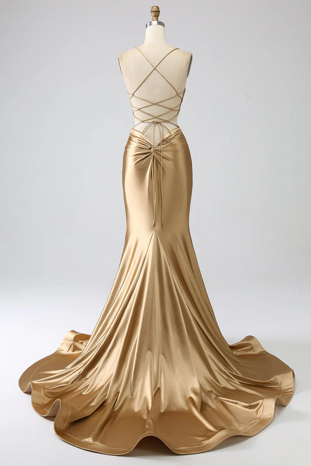 Golden mermaid thin shoulder strap satin long back strap prom dress