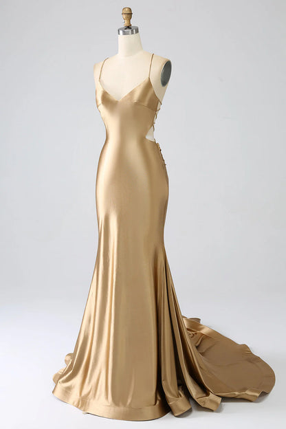 Golden mermaid thin shoulder strap satin long back strap prom dress