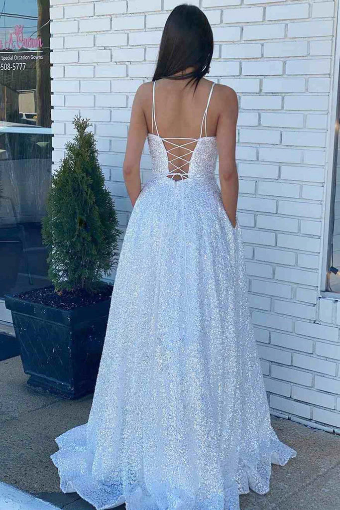 White Open Back Long Prom Dresses Sequins Pocket Evening Dress