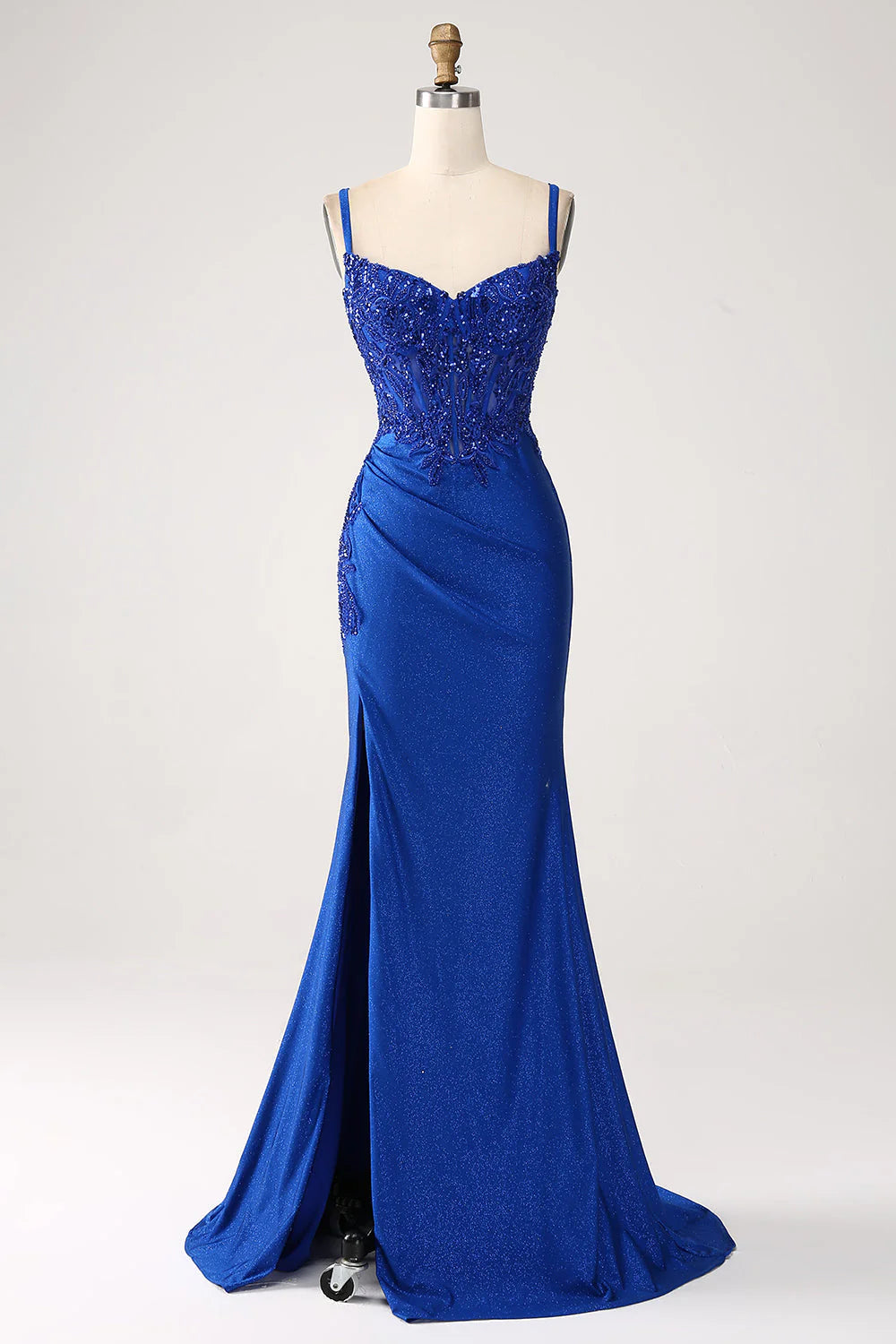 Sequin Royal Blue Mermaid Thin Shoulder Strap Sticker Long Prom Dress