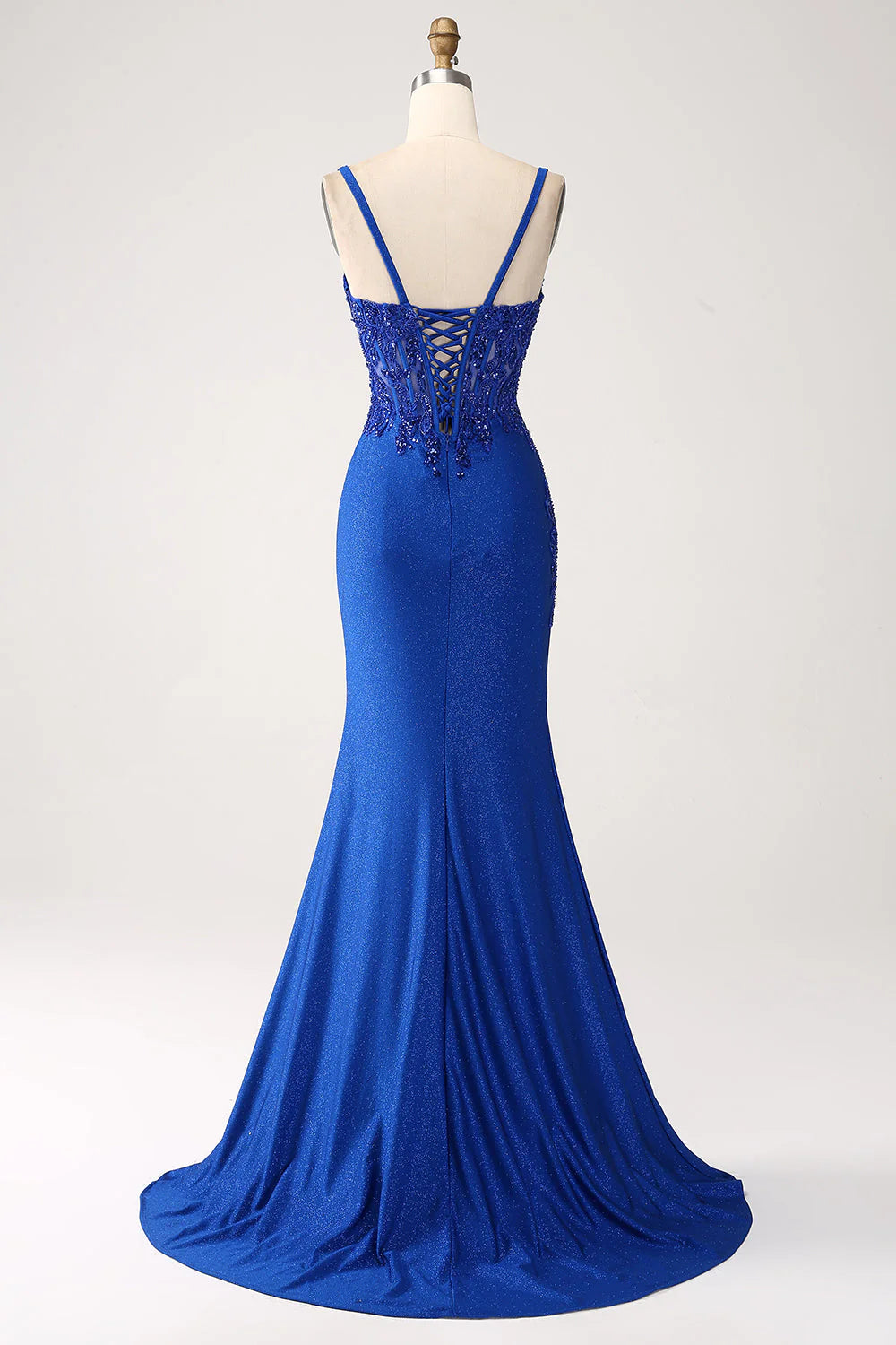 Sequin Royal Blue Mermaid Thin Shoulder Strap Sticker Long Prom Dress